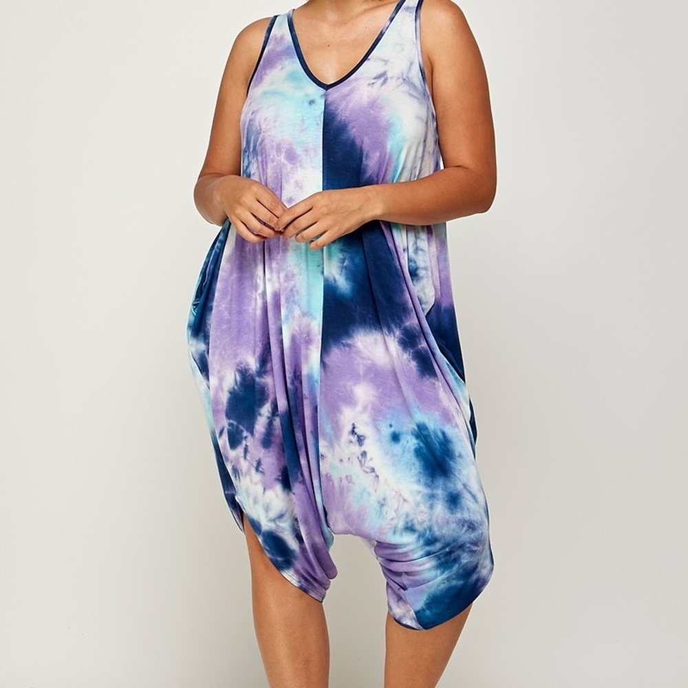 Tie-Dye V-Neck Sleeveless Jumpsuit - Violet Blue